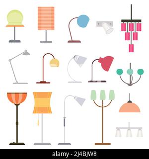 Colorful indoor lights collection with different kinds of floor table lamps and hanging chandeliers isolated vector illustration Stock Vektor