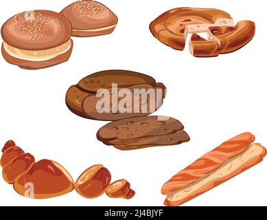 Bunte Scheiben frisch Backwaren Kollektion mit Baguette Croissant Roggen Und dänisches Brot isoliert Vektor-Illustration Stock Vektor