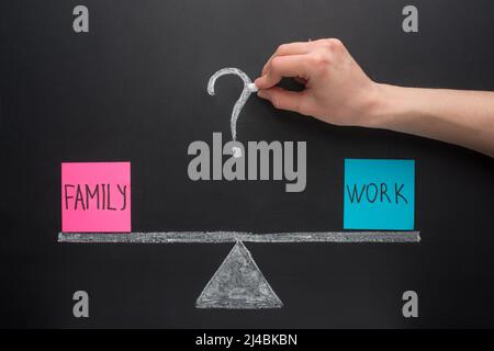 Geschäftliche Balance der Familie und Arbeit mit dem Fragezeichen. Die richtige Wahl. Stockfoto