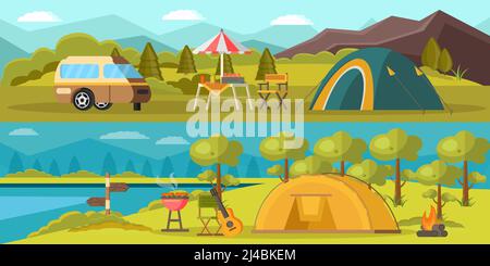 Bunte Camping horizontale Banner mit Zelten Anhänger Grill Gitarre Möbel Lagerfeuer auf Sommer Natur Landschaft Vektor Illustration Stock Vektor