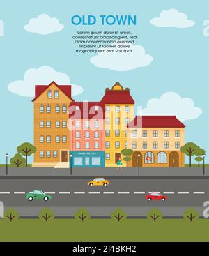 Bunte flache Stadtlandschaft Vorlage mit verschiedenen Gebäuden Autos auf Straßenbäume und Walking Woman Vektor-Illustration Stock Vektor
