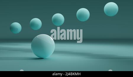 Reflektierende blaue Kugeln in abstrakter Anordnung. 3D Rendern. Stockfoto