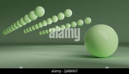 Reflektierende grüne Kugeln in abstrakter Anordnung. 3D Rendern. Stockfoto