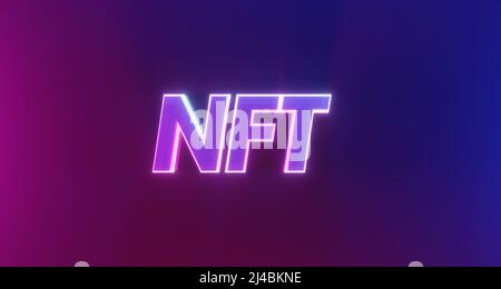 Leuchtender Neon-nft-Text mit blauen und violetten Tönen. 3D Rendern. Stockfoto