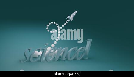 3D Rendering des Wissenschaftstextes mit Cartoon-Rakete Stockfoto