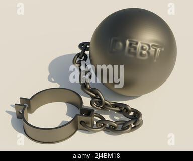 Schwere Eisenkugel mit aufgedruckter TEXTSCHULD an einem offenen Fessel mit einer starken Kette befestigt. Schuldenfalle-Konzept. 3D Rendering-Illustration. Stockfoto