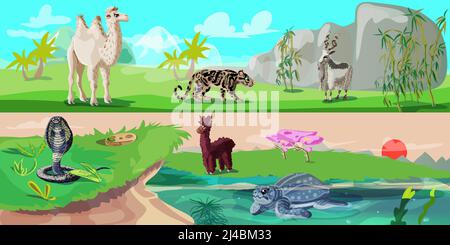 Bunte asiatische Tiere horizontale Banner mit Kamel Panther Wildziege Snake lama und Schildkröte auf Natur Landschaft Vektor Illustration Stock Vektor