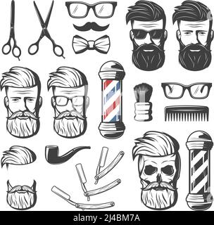 Set von isolierten vintage Friseur Hipster Emblem Elemente mit Barbershop Professionelle Werkzeuge Klingen und männlichen Kopf Vektor-Illustration Stock Vektor
