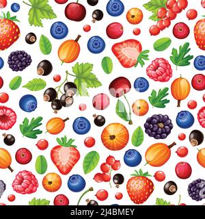 Bunte reife Waldbeeren nahtlose Muster mit grünen Blättern in Cartoon-Stil auf weißem Hintergrund Vektor Illustration Stock Vektor