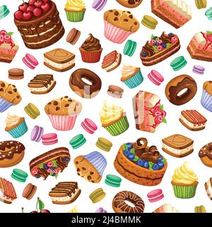 Cartoon bunte Desserts nahtlose Muster mit süßen Produkten Kuchen Cupcakes Cookies Makronen Donuts und Beeren Vektor-Illustration Stock Vektor