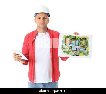 Junger männlicher Landschaftsdesigner mit neuem Projekt und Tablet-Computer auf weißem Hintergrund Stockfoto