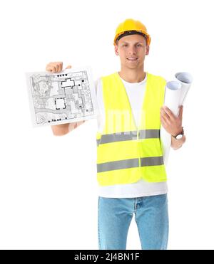 Junger männlicher Landschaftsdesigner mit neuem Projekt und Zeichnungen auf weißem Hintergrund Stockfoto