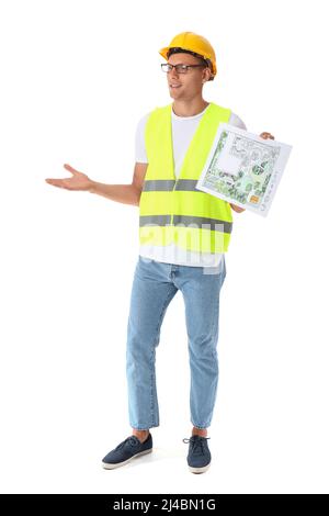 Junger männlicher Landschaftsdesigner mit neuem Projekt auf weißem Hintergrund Stockfoto
