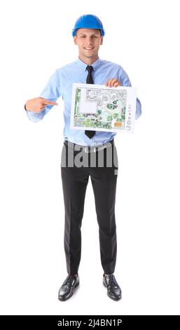 Junger männlicher Landschaftsdesigner mit neuem Projekt auf weißem Hintergrund Stockfoto