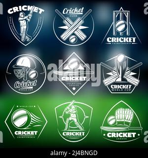 Vintage weißen Cricket-Etiketten mit Aufschriften Spieler Sport-Ausrüstung gesetzt Wicket Cup auf unscharfen Stadion Hintergrund isoliert Vektor-Illustration Stock Vektor