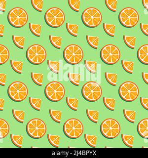Fruchtmuster mit orangefarbenen Scheiben. Vektorgrafik auf grünem Hintergrund. Stock Vektor