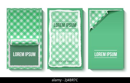 Bunt zerrissene Papier vertikale Banner mit Platz für Text und Grün Gingham Tischdecke Muster Vektor Illustration Stock Vektor