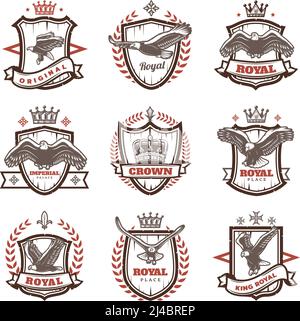 Vintage königliche Wappen mit Schriftzügen Adler Krone laurel Kranz heraldischen Schilde isoliert Vektor-Illustration Stock Vektor