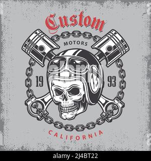 Vintage Motorrad Print mit Totenkopf im Motorradhelm und gekreuzten Kolben auf grange Hintergrund. Stock Vektor