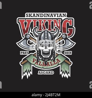 Wikinger-Emblem auf dunklem Hintergrund. Farbig. Skandinavisches Design Stock Vektor