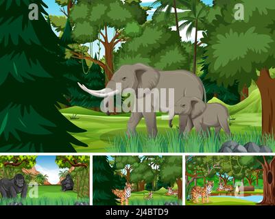 Waldszenen mit wilden Tieren im Wald Illustration Stock Vektor