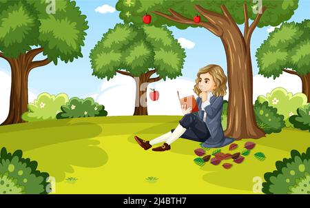 Isaac Newton sitzt unter Apfelbaum Illustration Stock Vektor