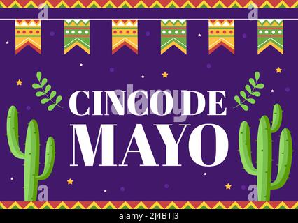 Cinco de Mayo Mexican Holiday Celebration Cartoon Style Illustration mit Kaktus, Gitarre, Sombrero und trinkenden Tequila für Poster oder Grußkarte Stock Vektor
