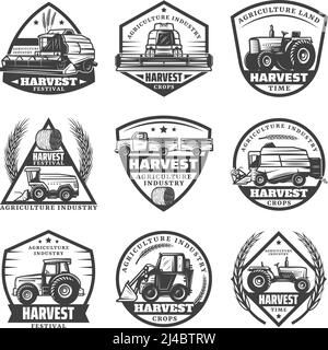 Vintage monochrome Landmaschinen Etiketten mit Mähdreschern Erntehilder gesetzt Lader Traktoren LKW für den Transport von Kulturpflanzen isoliert Vektor i Stock Vektor