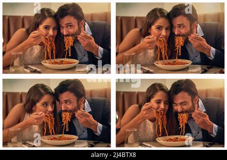 Liebe und Pasta. Was braucht man mehr. Zusammengesetzte Aufnahme eines jungen Paares, das während eines romantischen Abendessens in einem Restaurant einen Teller mit Spaghetti teilt. Stockfoto