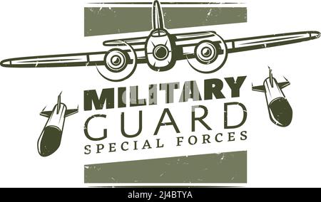 Vintage militärische Logotypvorlage mit Inschrift und schweren Bomber fallen gelassen Bomben isoliert Vektor-Illustration Stock Vektor