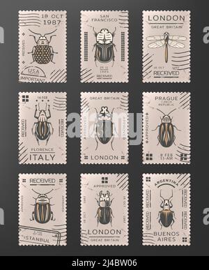 Vintage farbige Insekten Briefmarken Set mit Libelle verschiedene Arten von Bugs und Käfer isoliert Vektor-Illustration Stock Vektor