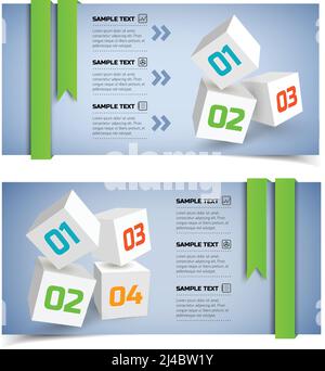 Abstrakte Business-Infografik horizontale Banner mit weißen 3D Würfel Text Symbole Optionen und Farbbänder Vektordarstellung Stock Vektor