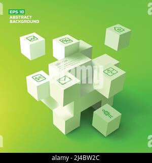 Komposition aus 3D weißen Würfeln mit monochromen Business-Ikonen und Text auf Vektorgrafik mit grünem Hintergrund Stock Vektor