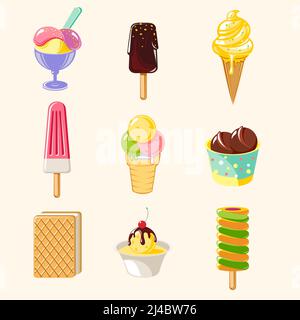 Cartoon bunte leckere Eis mit verschiedenen Geschmacksrichtungen sundae gesetzt Und Popsicle isolierte Vektor-Illustration Stock Vektor