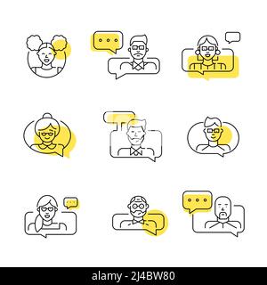 Symbole für Social-Media-Messaging und Call Center-Unterstützung eingestellt. Pixelperfekte, bearbeitbare Kontur mit minimalem Strichkunstwerk Stock Vektor