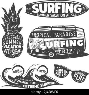 Vintage monochrome Surfgrafiken Set mit Aufschriften und Schriftzügen auf Ananas Bus Wasser Wellen Sonnenbrille isoliert Vektor Illustration Stock Vektor