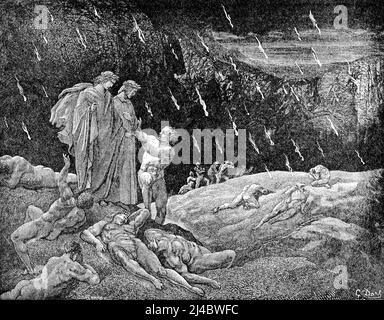 Brunetto Latini spricht mit Dante in Canto XV, einem Stich von Gustave Doré Stockfoto