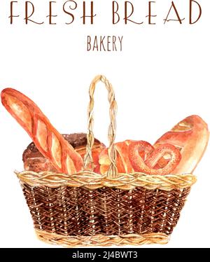 Bäckerei Brot Werbeplakat mit Vintage-Korb voll frischen Weizen Runde Loafs und Baguette abstrakte Vektor-Illustration Stock Vektor