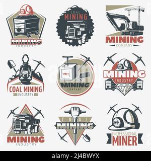 Satz von neun isolierten vintage Bergbau-Industrie mit professioneller Ausrüstung Und Technik twibill Kohle Pick Symbole Vektor Illustration Stock Vektor