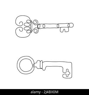 Satz aus zwei einzeiligen Schlüsselzeichnungen. Kontinuierliche Linie Kunst der antiken alten Schlüssel für Immobilien. Isolierter antiker Zimmerschlüssel Stock Vektor