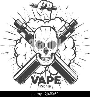 Vintage Vape Label mit Totenkopf Vaporizers raucht Hand hält elektronische Zigarette und Sunburst isoliert Vektor-Illustration Stock Vektor