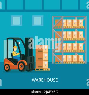 Lagerraum Innenraum bunte Zusammensetzung mit Gabelstapler mit Fahrer Transport Karton-Boxen Vektor-Illustration Stock Vektor