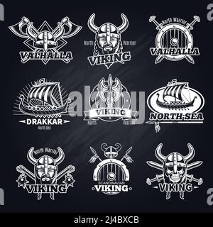 Vintage weiße wikinger-Embleme mit skandinavischen Elementen auf dunkel gesetzt Hintergrund isolierte Vektorgrafik Stock Vektor