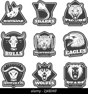 Vintage Team Sport Logos mit wilden Tieren gesetzt Köpfe in Monochrome Darstellung isolierter Vektorgrafiken Stock Vektor