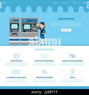 Bank Landing Page Vorlage mit Web Elements Services und verschiedene Vorteile bei der Vektordarstellung im flachen Stil Stock Vektor