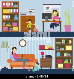 Bunte Mutterschaft horizontale Banner mit Mutter arbeitet im Mutterschaftsurlaub Zu Hause und freiberuflich Mutter Vektor Illustration Stock Vektor