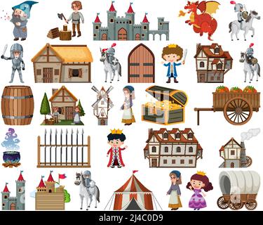 Mittelalterliche Figuren Gebäude Set Illustration Stock Vektor