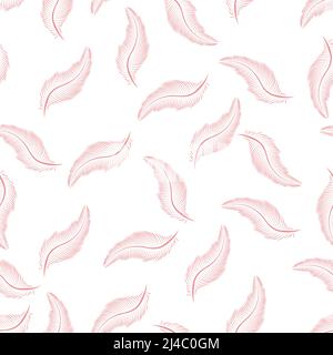Handgezeichnetes Nahtloses Muster mit rosa Feder. Wiederholbare Abbildung isoliert auf weißem Hintergrund. Stock Vektor