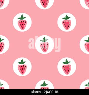 Erdbeerfrucht-Design mit grünen Blättern isoliert auf rosa Hintergrund ist in Nahtloses Muster - Vektor-Illustration Stock Vektor