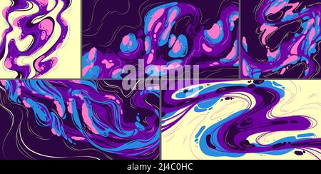 Abstrakte Kunsthintergründe, modulare Gemälde mit lila, blauen, rosa und gelben flüssigen Flecken, Wirbel, Spritzer, lineare und grunge Elemente. Pinsel Textur Dekoration, Vektor Illustration Set Stock Vektor